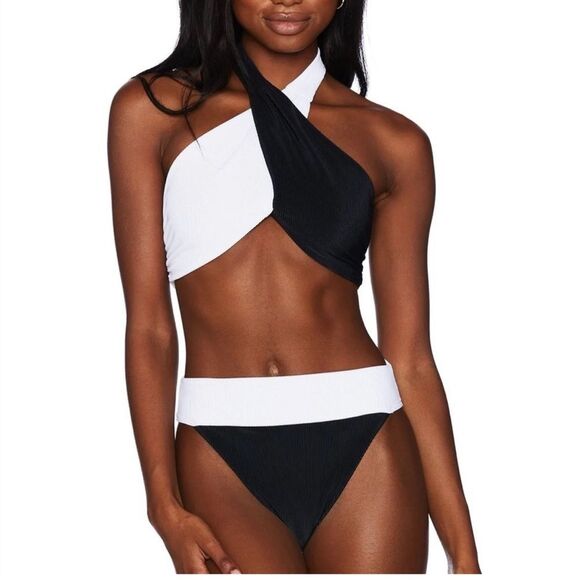 Beach Riot Jessica Bikini Top Black and White Halter Cross- Size Small - Picture 2 of 9